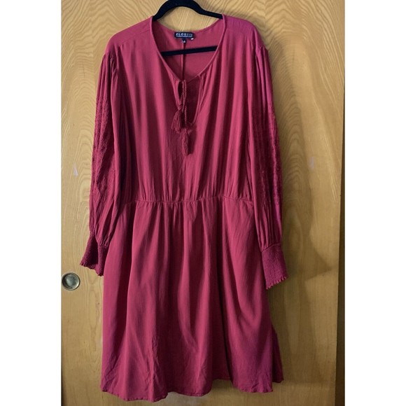 Eloquii Women's Plus Size 24 Dress Deep Red  Boho Flowy Long Sleeve Tassel Lined - Picture 1 of 8